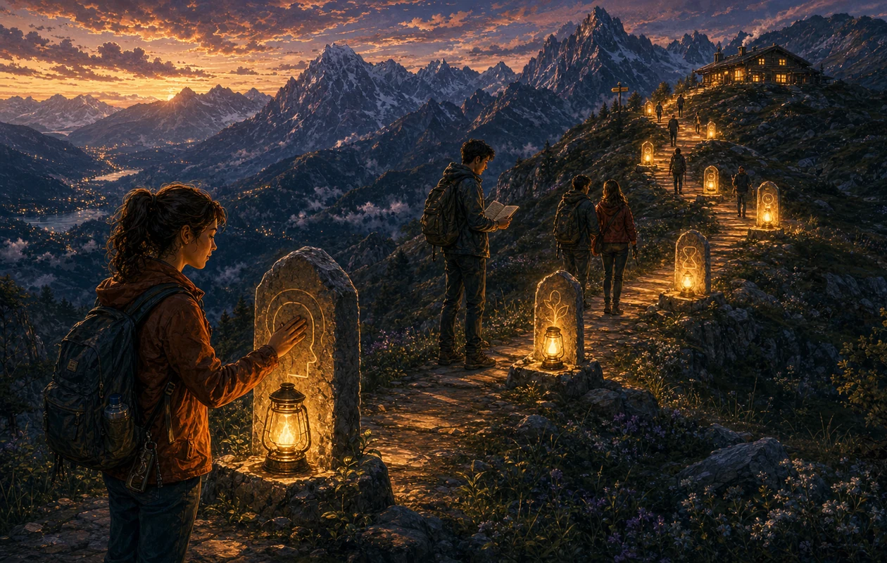 Illustration for SuperMemo: mountain trail where memory lanterns grow brighter