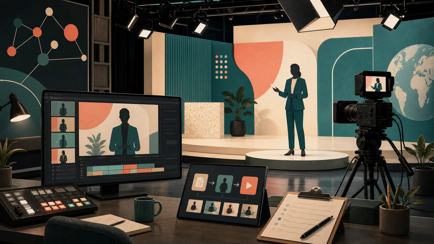 Illustration zu Synthesia: Videostudio mit abstrakten Präsentationsszenen und Produktionsablauf