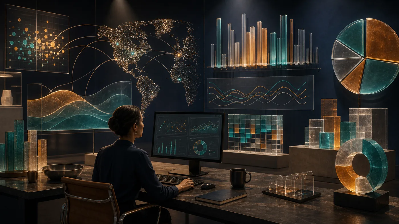 Illustration zu Tableau: Geschäftsdiagramme werden als gläserne Datenskulptur sichtbar