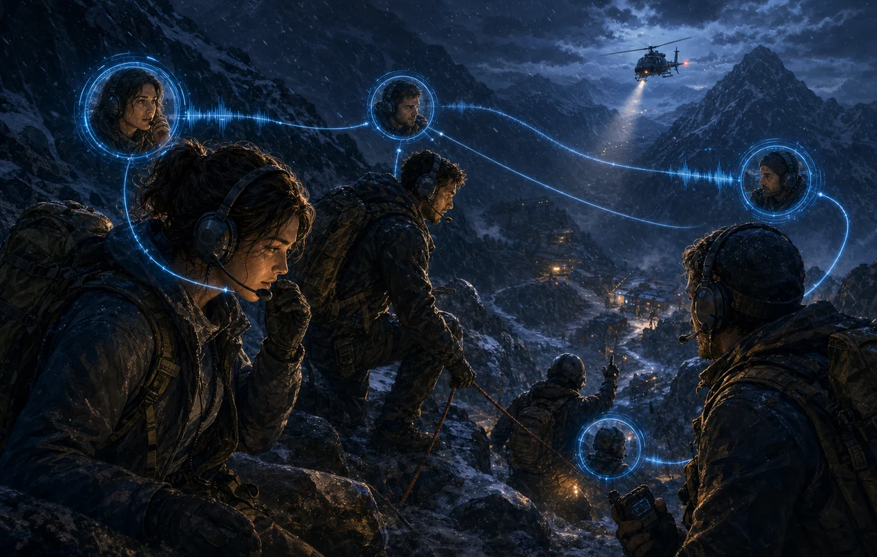 Illustration zu teamspeak: Voice-Team im Bergsturm
