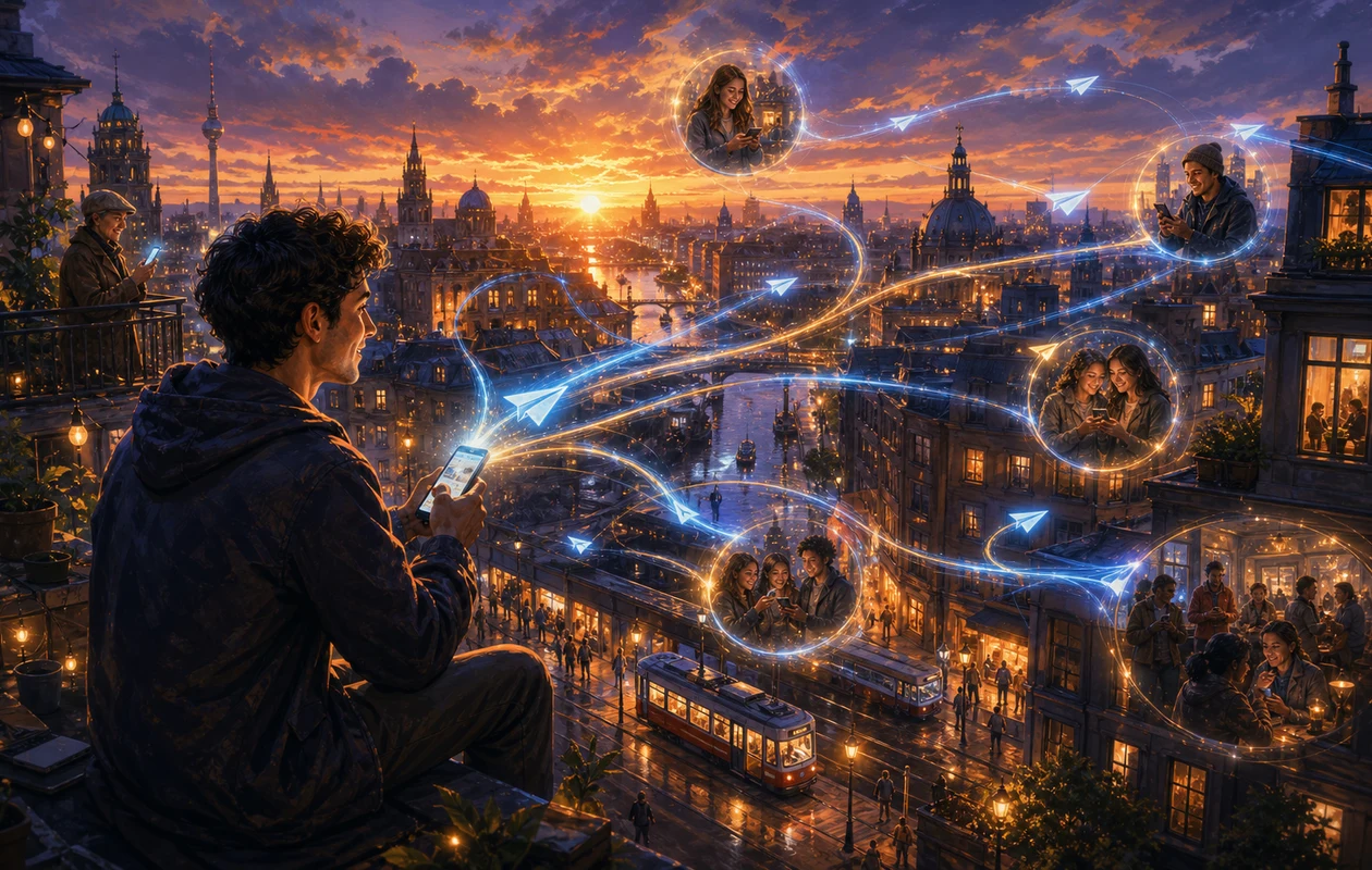 Illustration for telegram: messages flying across the city