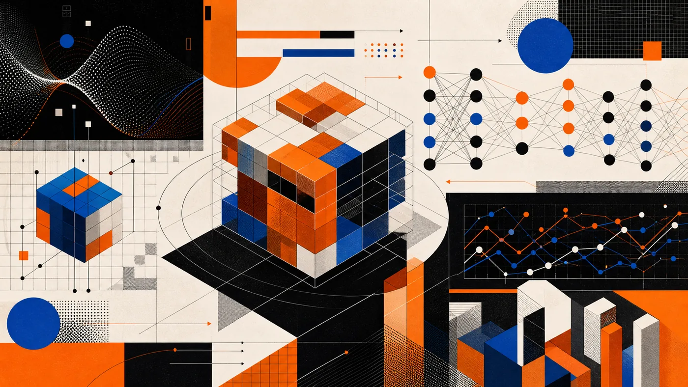 Illustration zu TensorFlow: geometrische Tensorblöcke verbinden sich zu einem Lernmodell