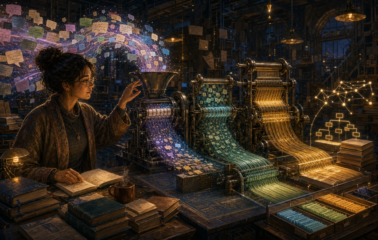 Illustration for tensorflow-text: text flow through a language loom