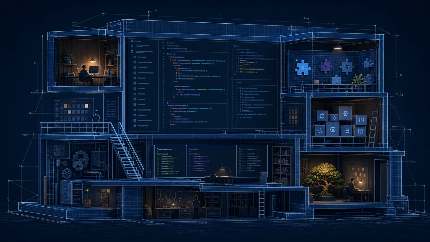 Illustration zu Theia: Entwicklungsumgebung als modulares Gebäude mit Terminal- und Code-Räumen