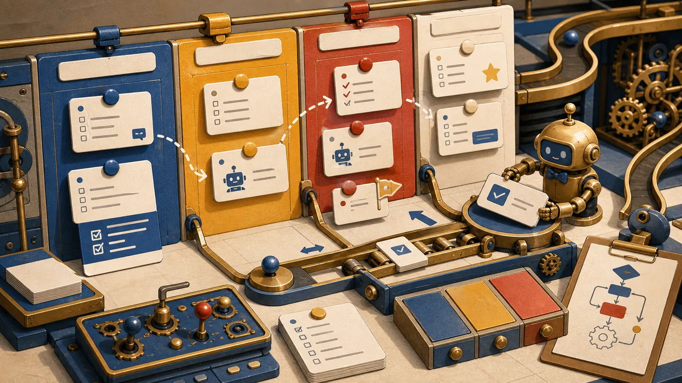 Illustration zu Trello mit Butler: Kanban-Karten bewegen sich automatisch über ein mechanisches Board