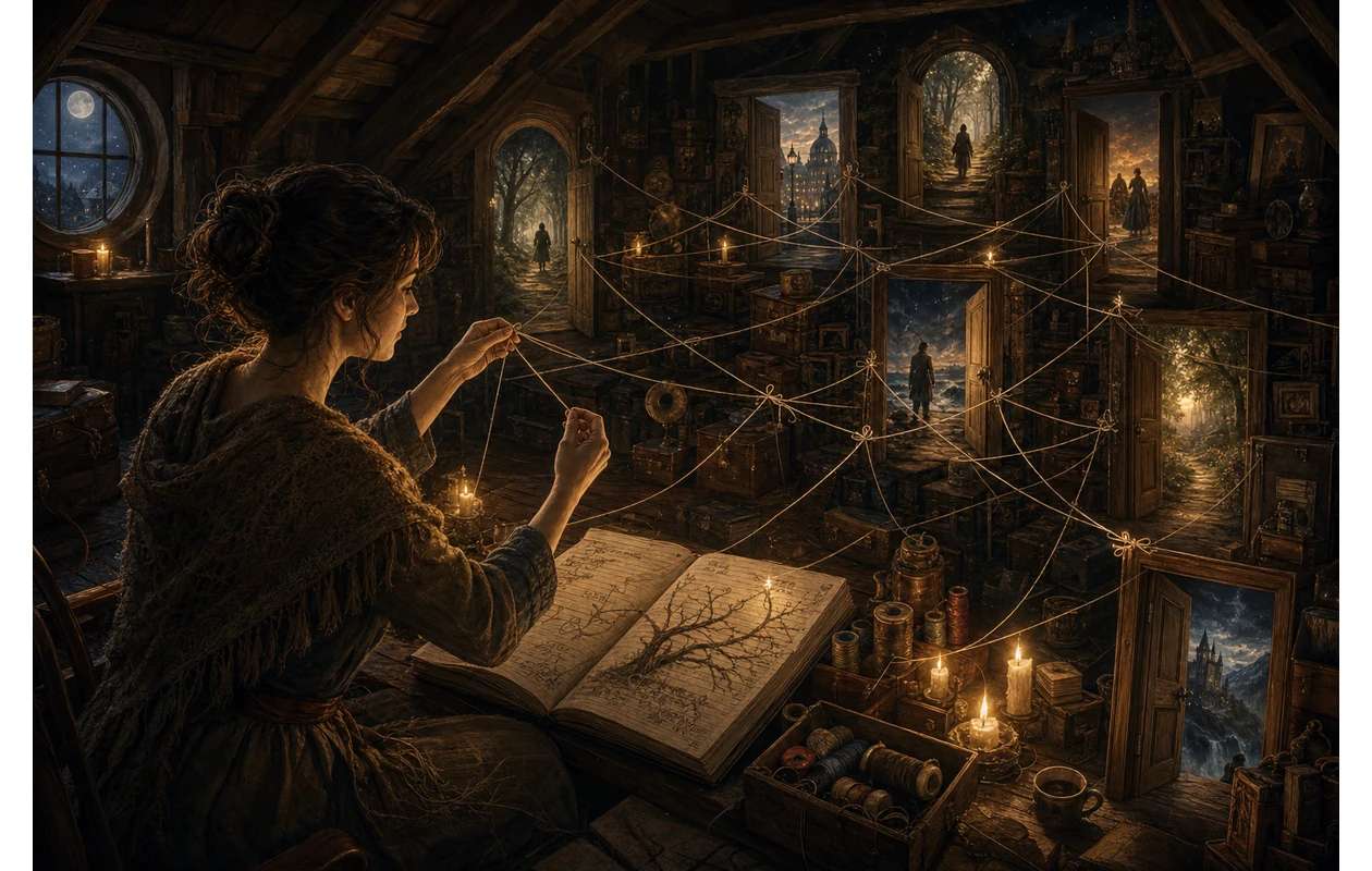Illustration for twine: Storyteller weaving a branching narrative
