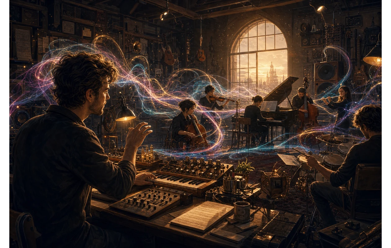 Illustration for udio: Composer shaping sound into a living scene