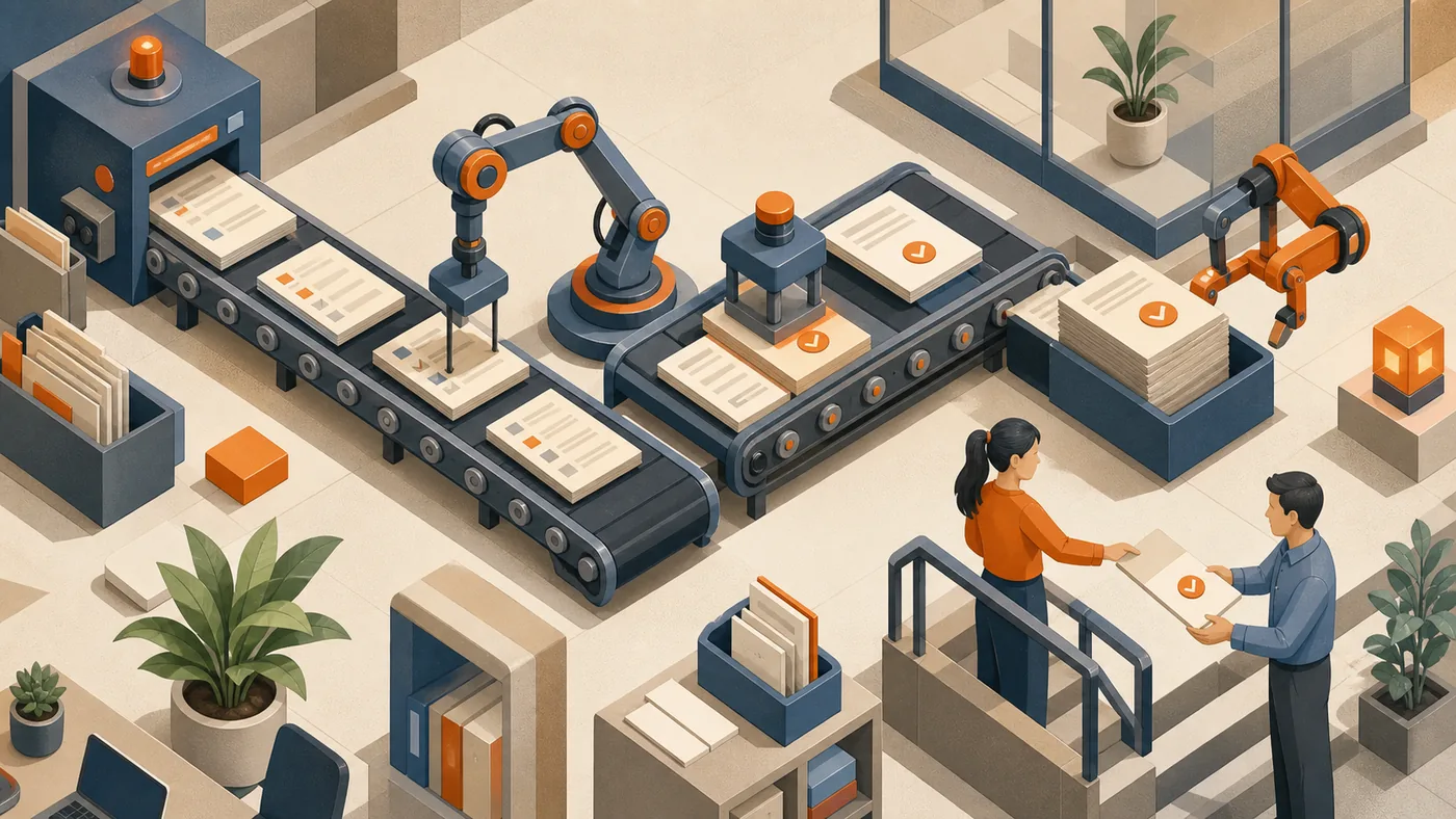 Illustration zu UiPath: Büroaufgaben laufen als automatisierte Papierstrecke durch Roboterarme