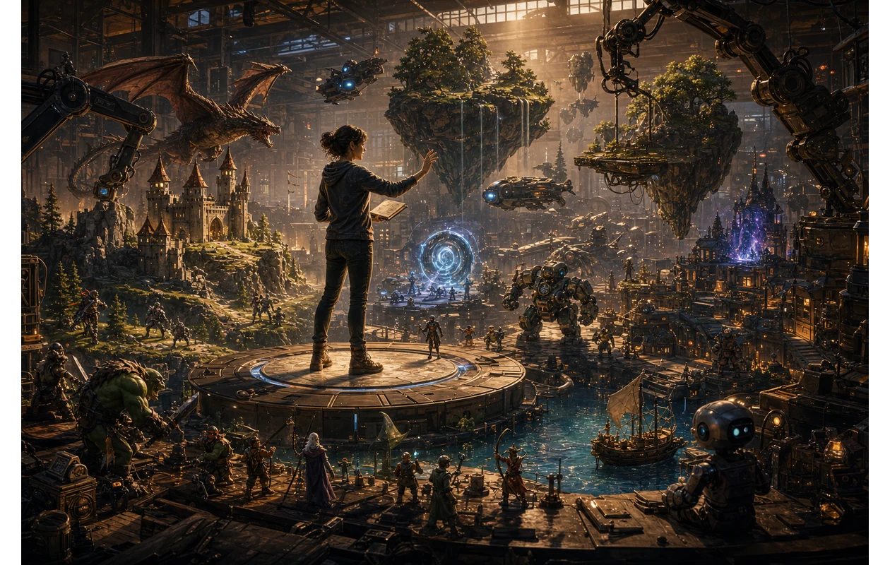 Illustration for unity: Developer building a game universe
