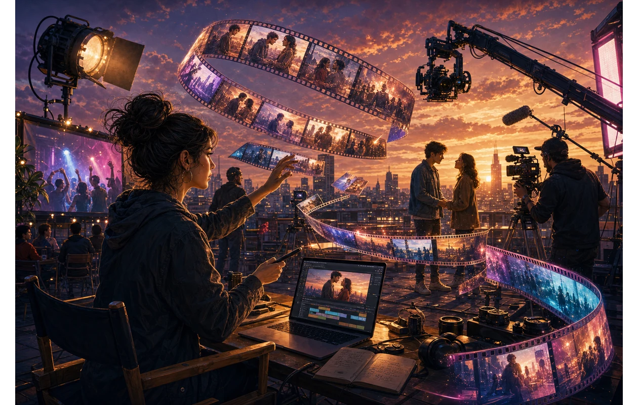 Illustration for veed: Editor shaping a video story from moving footage