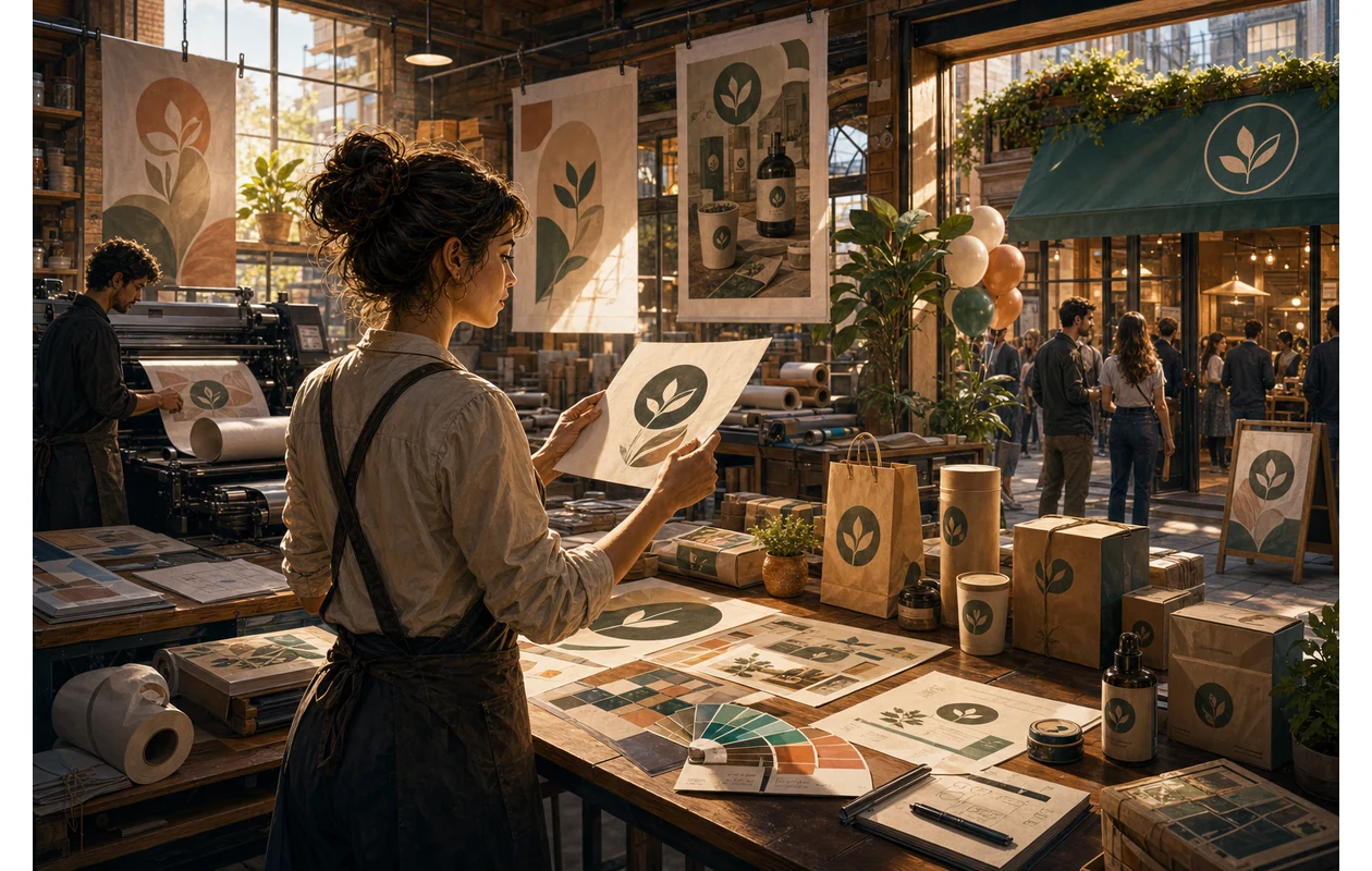 Illustration for visme: Designer building visual stories from many elements