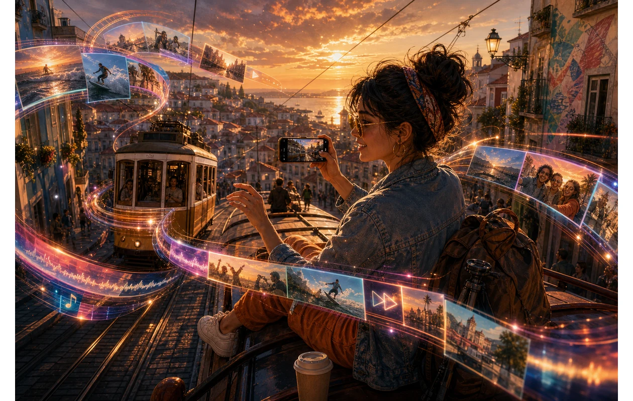 Illustration for vivavideo: Creator editing a travel montage on the move