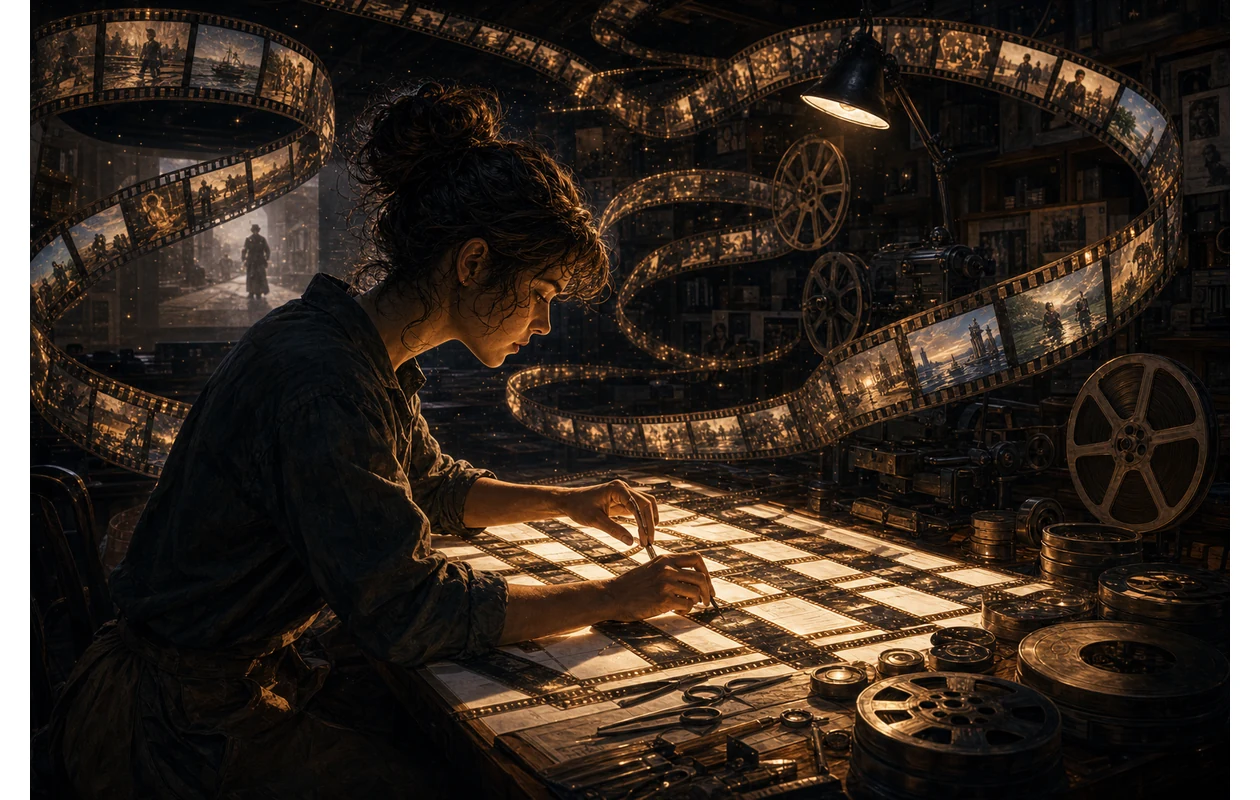 Illustration for vn: Editor assembling a film from fragments