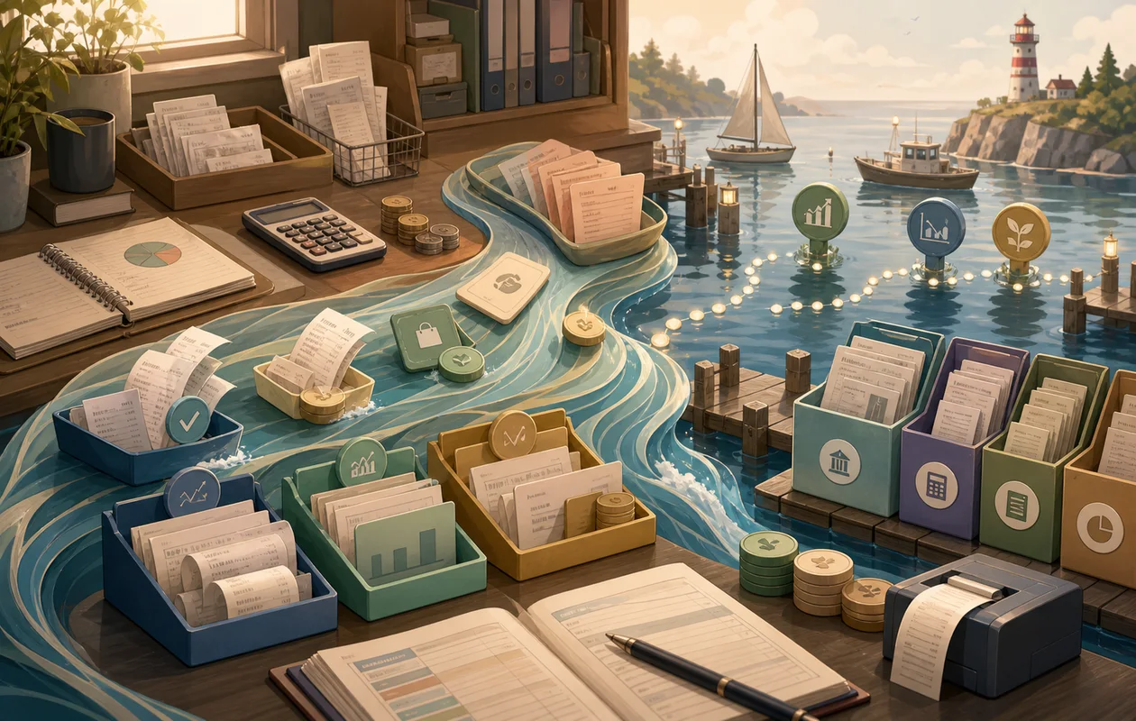 Illustration for Wave: receipts, invoices, and payment flows are organized for bookkeeping