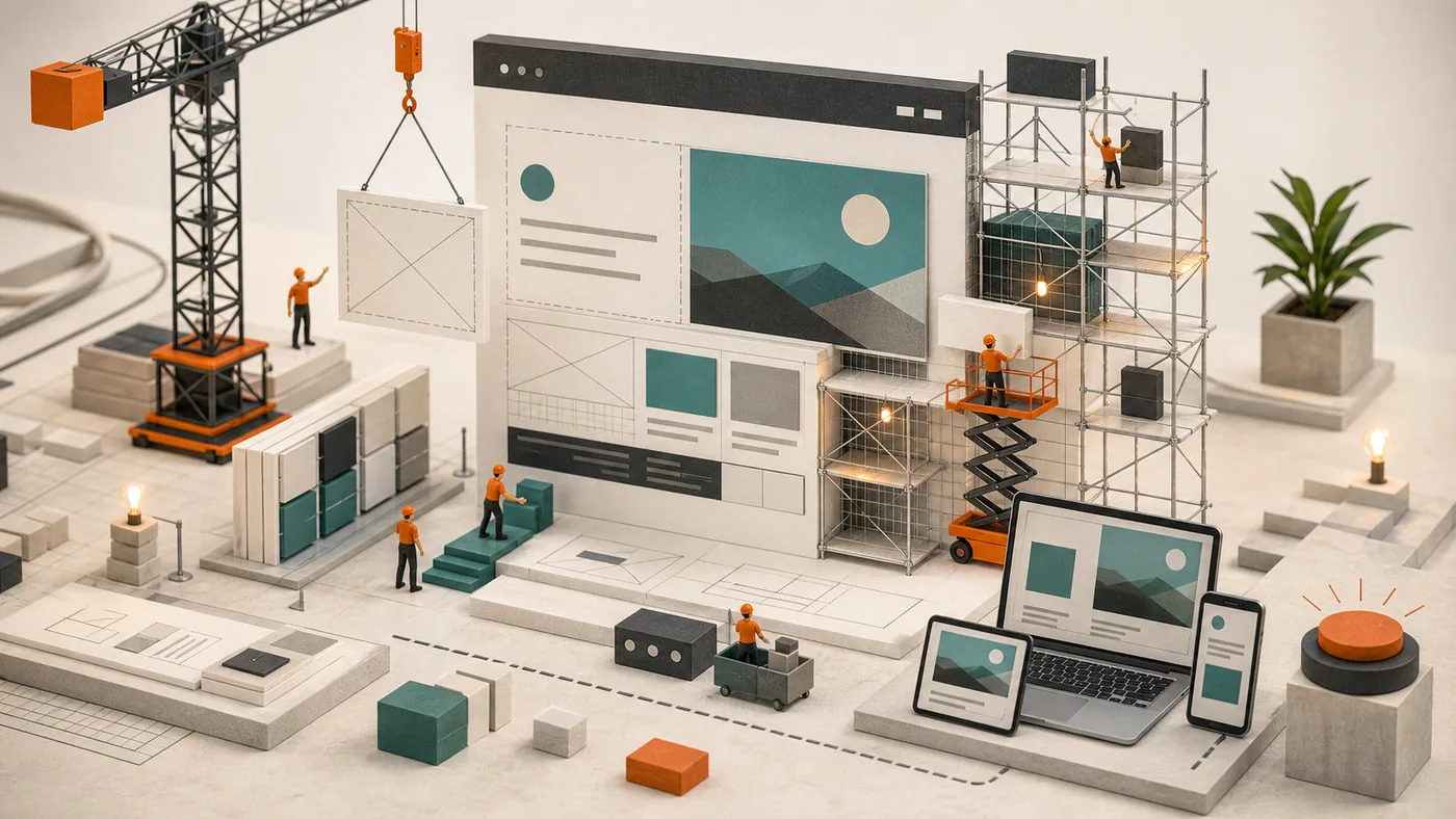 Illustration zu Webflow: responsive Webseitenblöcke werden auf einem architektonischen Raster aufgebaut