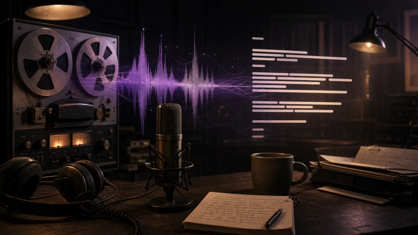 Illustration zu Whisper: Tonband, Mikrofon und Sprachwellen werden zu Notizen verdichtet