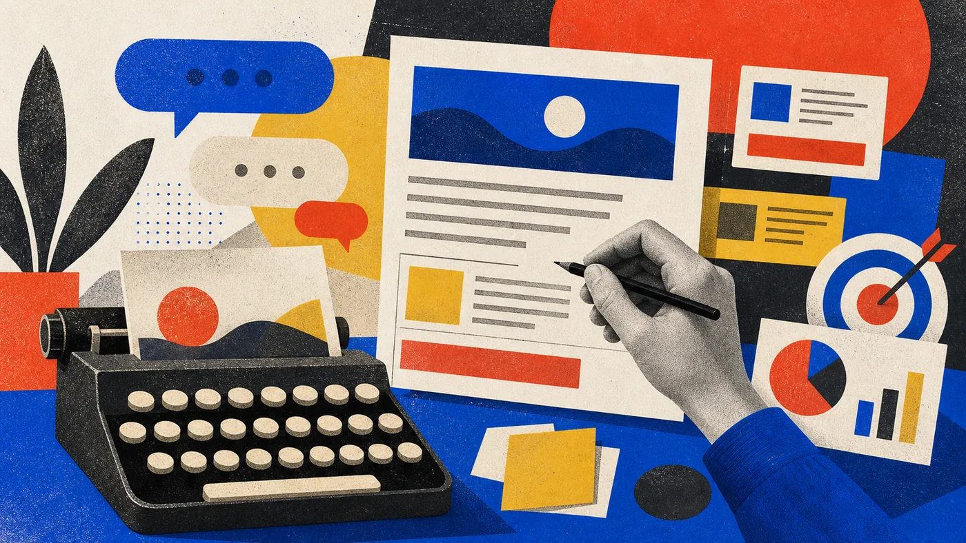 Illustration zu Writesonic: Kampagnenideen, Entwürfe und Sprechblasen werden am Schreibtisch arrangiert