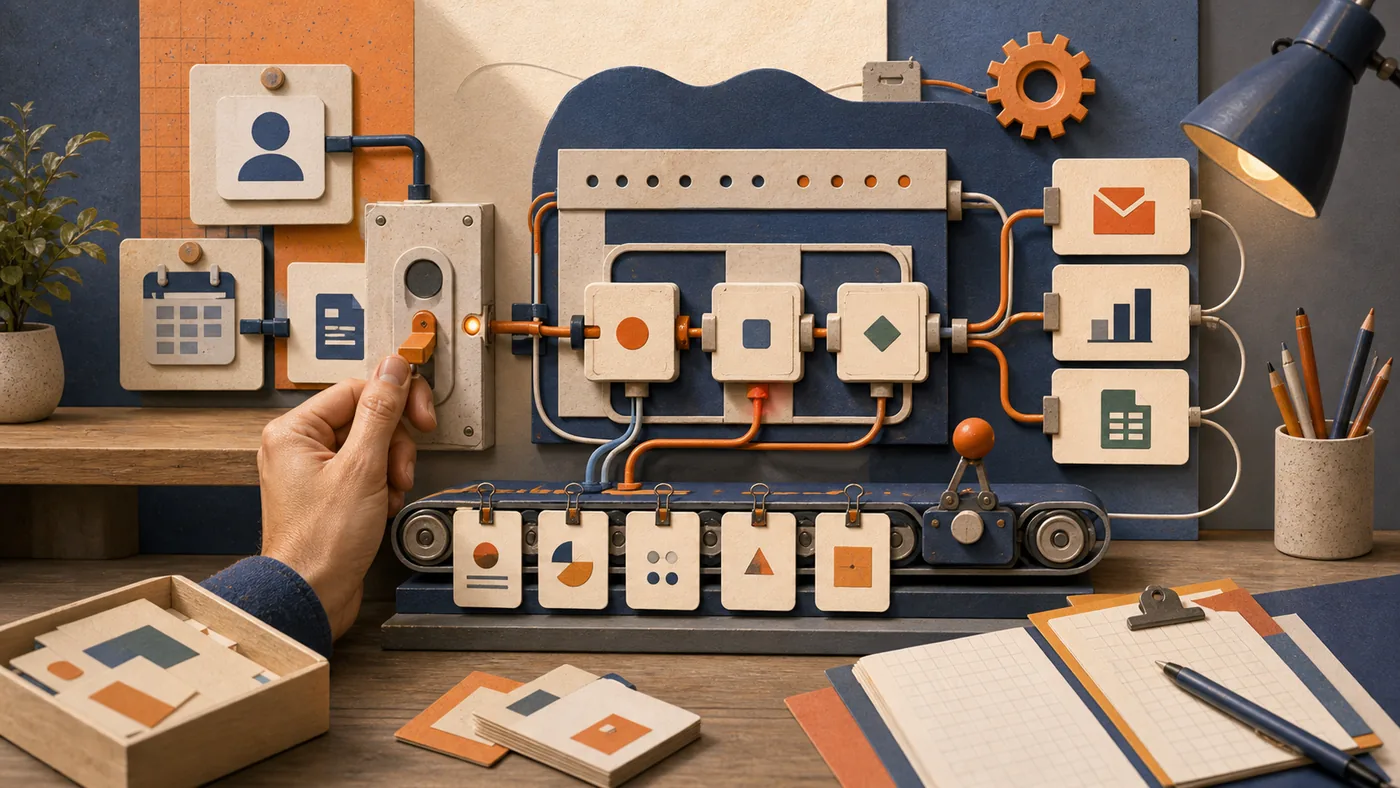Illustration zu Zapier: Automationswerkstatt mit Auslösern, Kabeln und geordneten Aufgaben