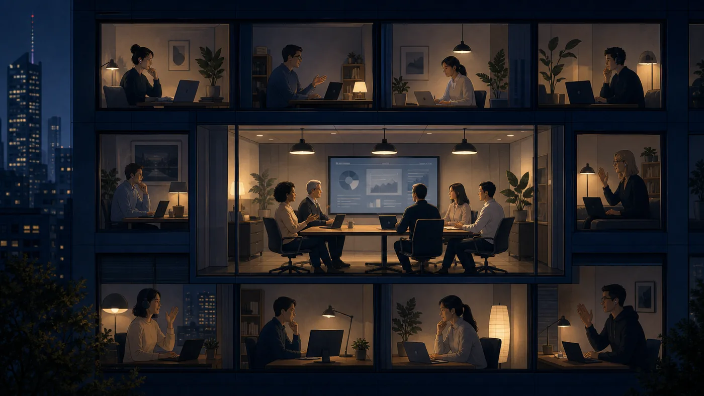 Illustration for Zoom: distributed meeting windows glowing like rooms in a shared night landscape