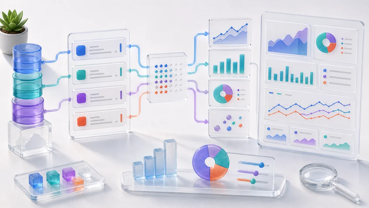 Illustration zu Redash: Datenquellen, Abfragen und Diagrammkarten werden zu gemeinsam nutzbaren Dashboards