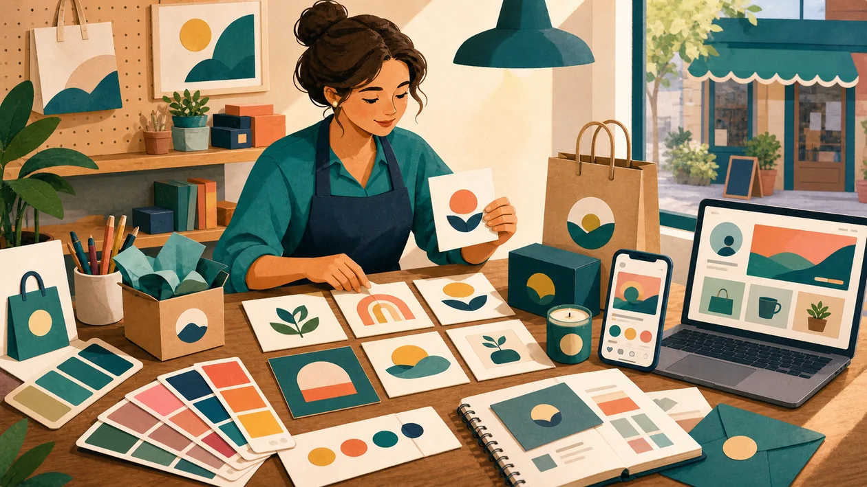 Illustration zu Hatchful by Shopify: kleine Marke entsteht aus Farbtafeln, Symbolideen und Shop-Material
