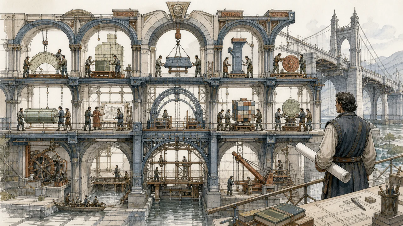Illustration zum Microsoft Agent Framework: Spezialisierte Teams bauen unter gemeinsamer Architektur eine modulare Brücke