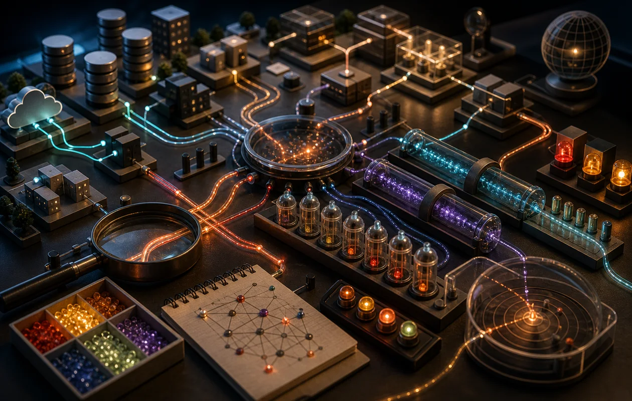 Illustration zu New Relic: redaktionelle Workflow-Szene zu New Relic mit toolbezogenen Arbeitsobjekten
