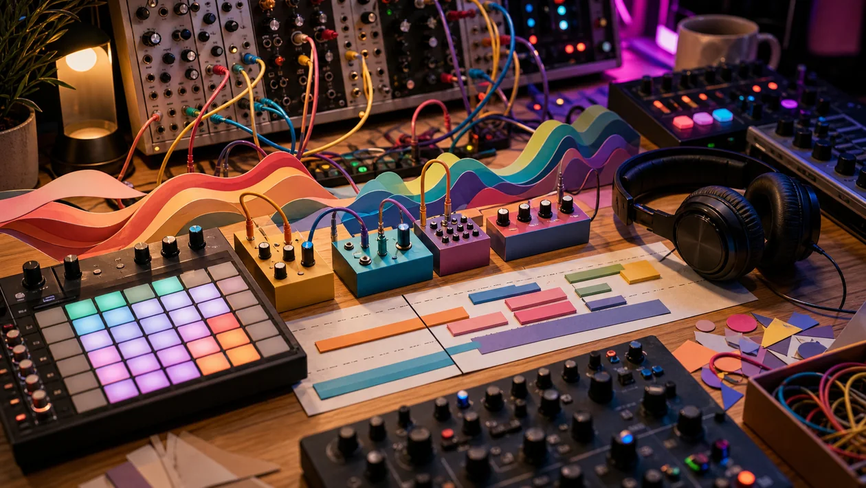 Electronic music studio with synthesizers, clips, and tracks illustrating Bitwig Studio