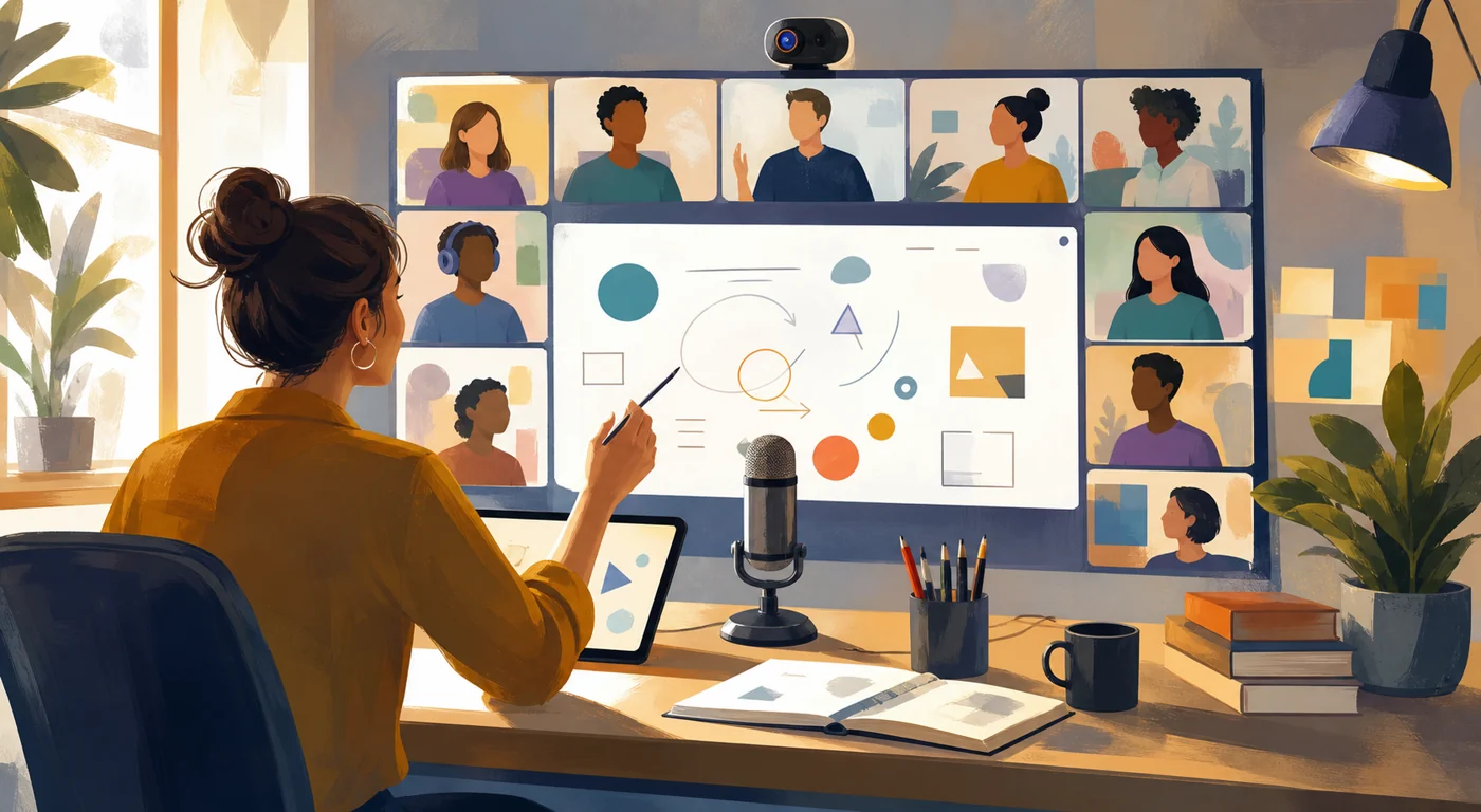 Illustration zu BigBlueButton: Lehrperson moderiert eine Onlineklasse mit abstrakten Videokacheln und Whiteboard