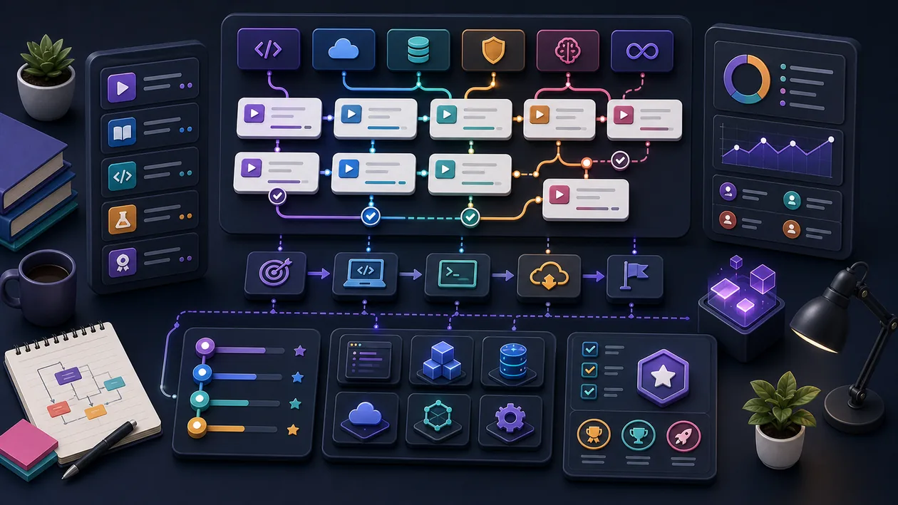 Illustration zu Pluralsight: Lernmodule, Skillpfade und Laboraufgaben werden zu Trainingsrouten