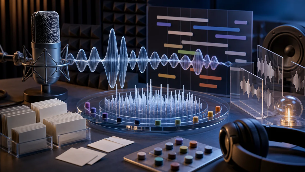 Illustration for AssemblyAI: microphone, waveform ribbons, and transcript cards analyse audio signals