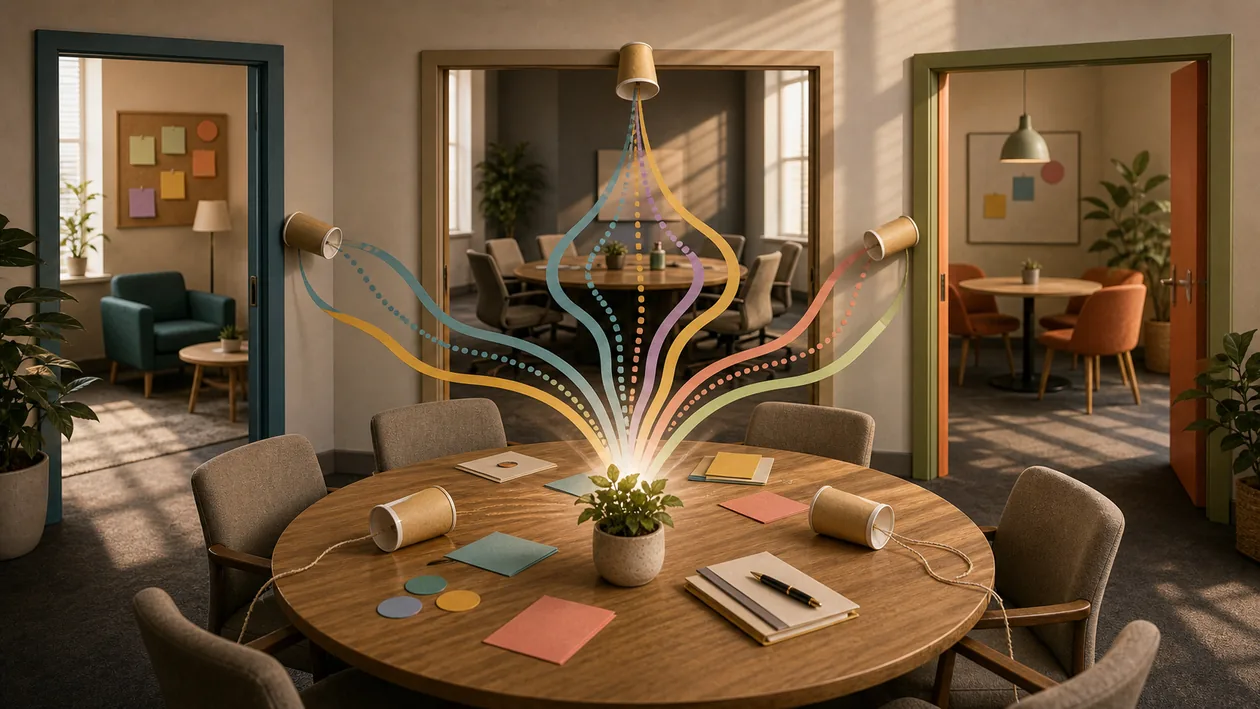 Illustration zu RingCentral: Leere Besprechungsraeume verbinden Sprach-, Nachrichten- und Meeting-Signale an einem Tisch