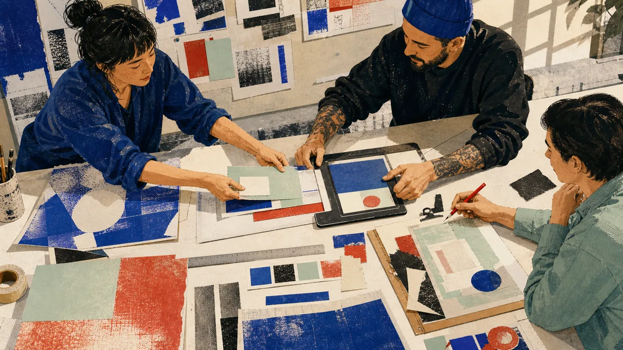 A designer and developer compare specifications at the handoff table