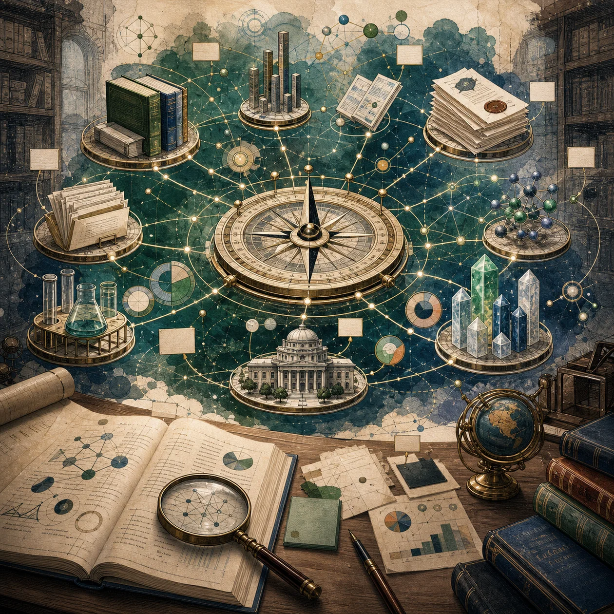 Research archive with connected citations and a bibliometric compass