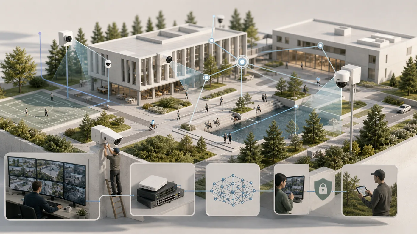 Illustration zu Axis Communications: vernetzte Videokameras und Sicherheitsknoten auf einem Campusmodell