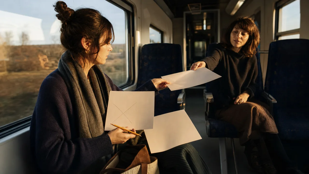 Editor hands over a revised draft on a train