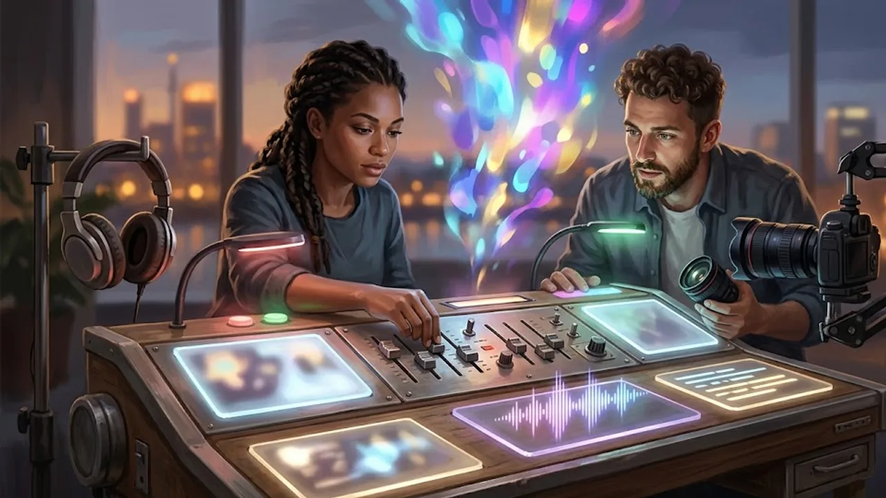Illustration zu Gradio: ein Modelltest wird als interaktive Eingabe-Ausgabe-Demo mit Text-, Bild- und Audio-Signalen sichtbar