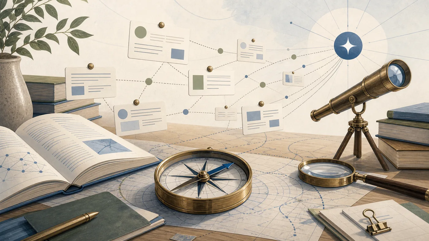 Illustration for Perplexity: research compass between source cards, books and questions