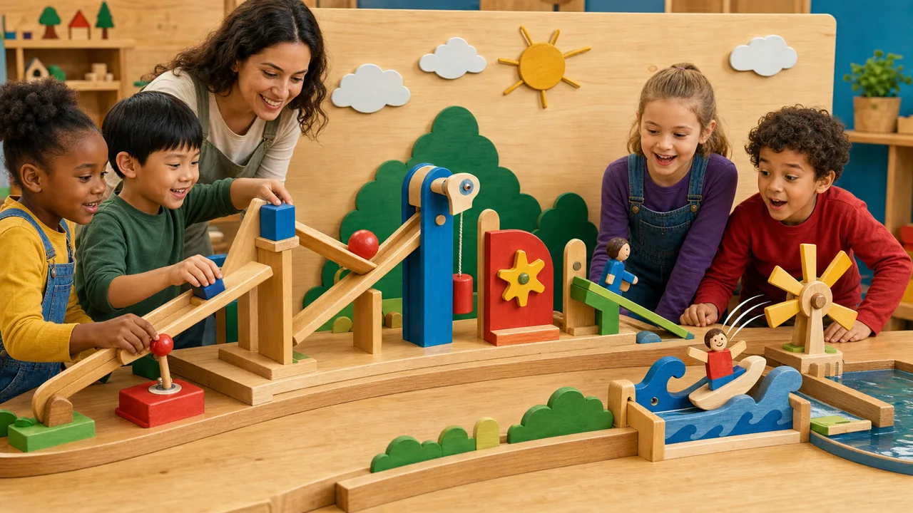 Children work with a wooden learning model showing programming tasks and cause-and-effect modules