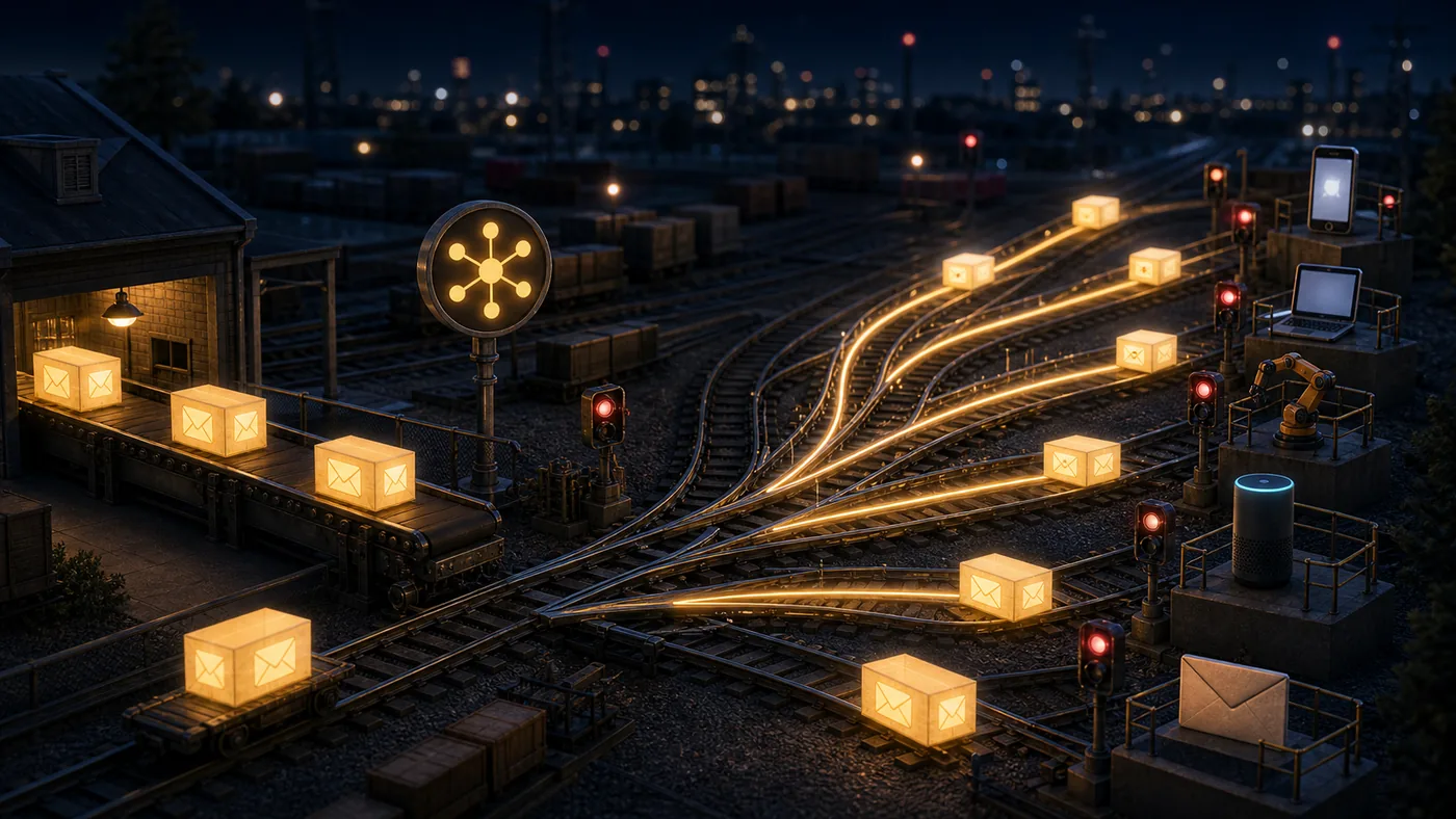 Illustration zu Amazon Simple Notification Service: Benachrichtigungen als verteilte Lichtwege und Nachrichtenpakete