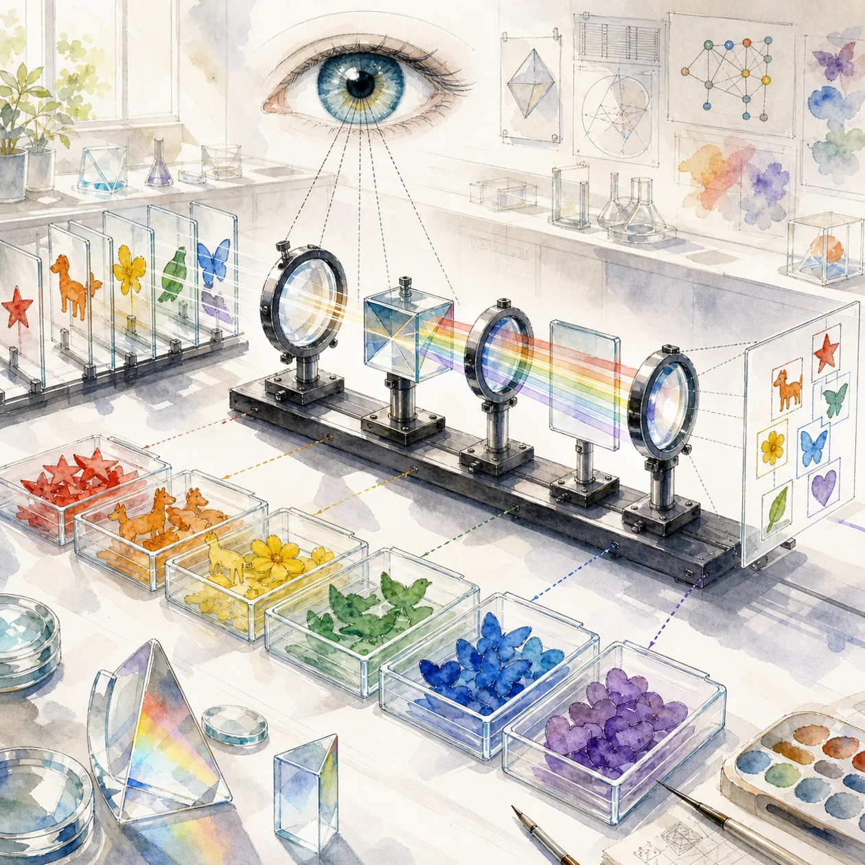Illustration for Google Cloud Vision AI: an optical workbench with prisms and sorted colour crystals