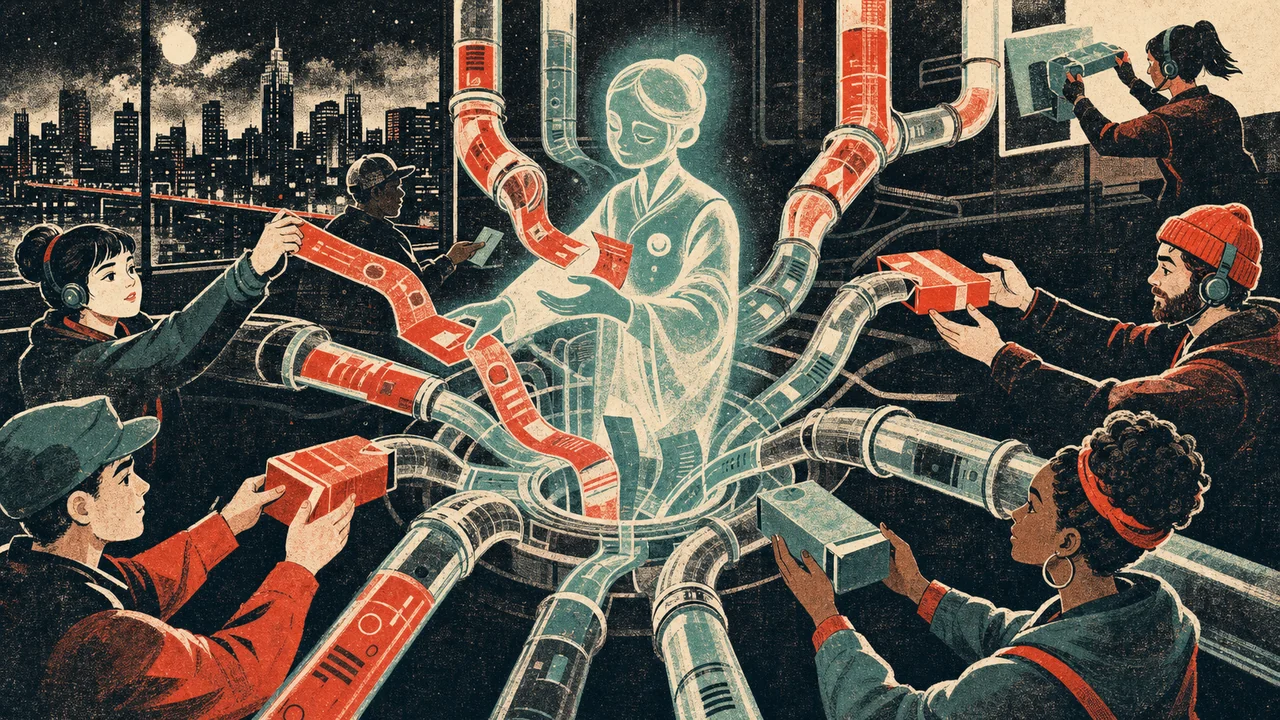 Illustration zu Claude Tag: Ein Team verteilt sichtbare Aufgabenpakete über gemeinsame Kanäle an einen leuchtenden Arbeitsassistenten
