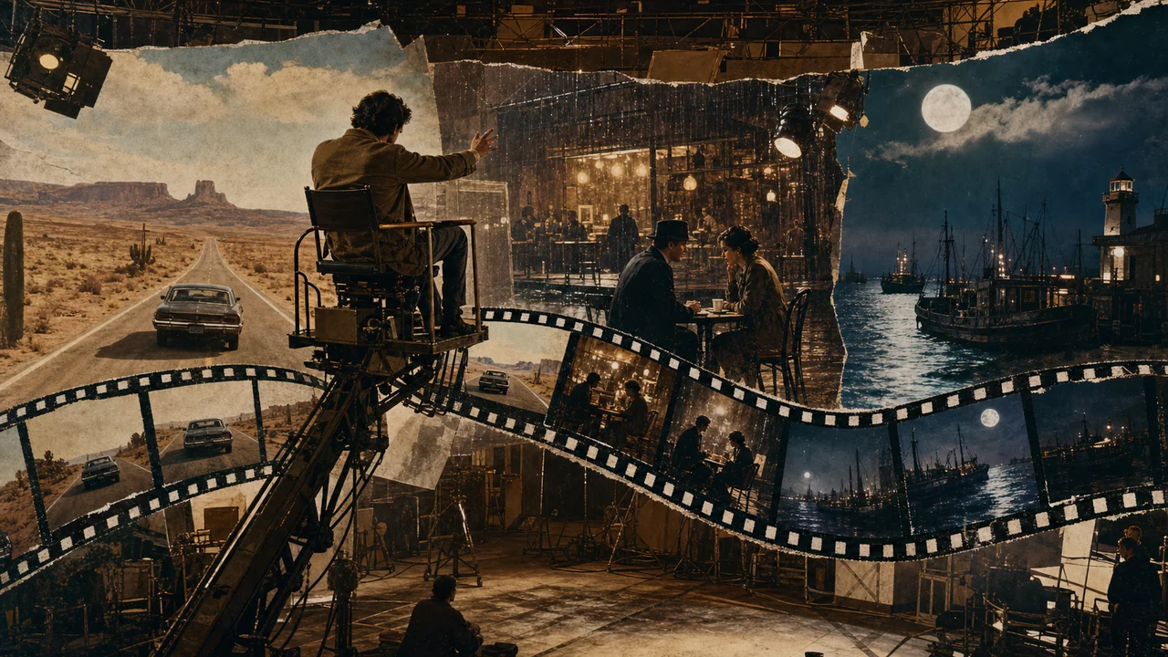 Illustration zu OpenArt Director: Ein Regisseur verbindet Wüstenstraße, Café und Hafen zu einer zusammenhängenden Filmsequenz