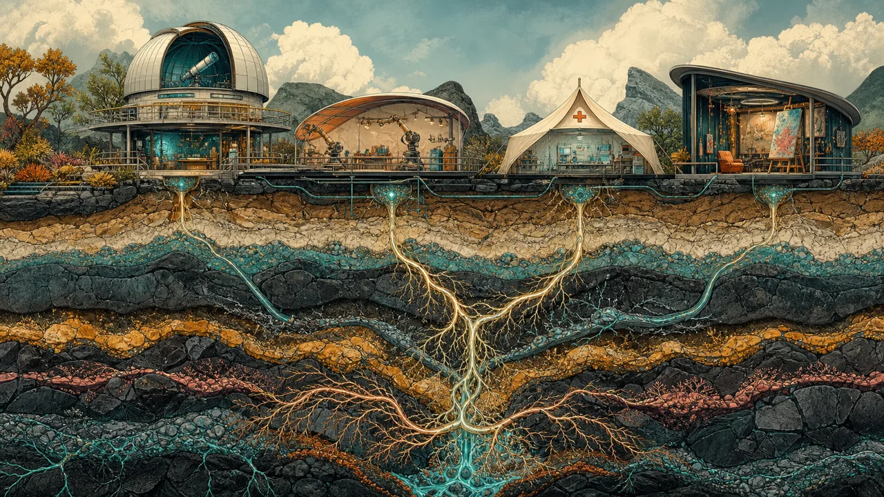 a geological cross-section with workspaces on luminous roots