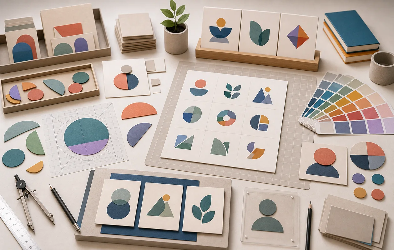 Illustration for LogoMakr: shapes, color swatches, and grids combine into neutral brand drafts