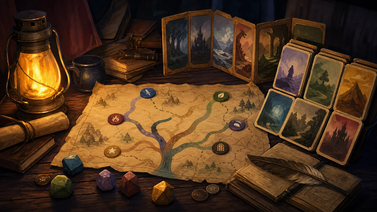 Illustration for AI Dungeon: an adventure map, choice stones, and lantern light open branching story paths