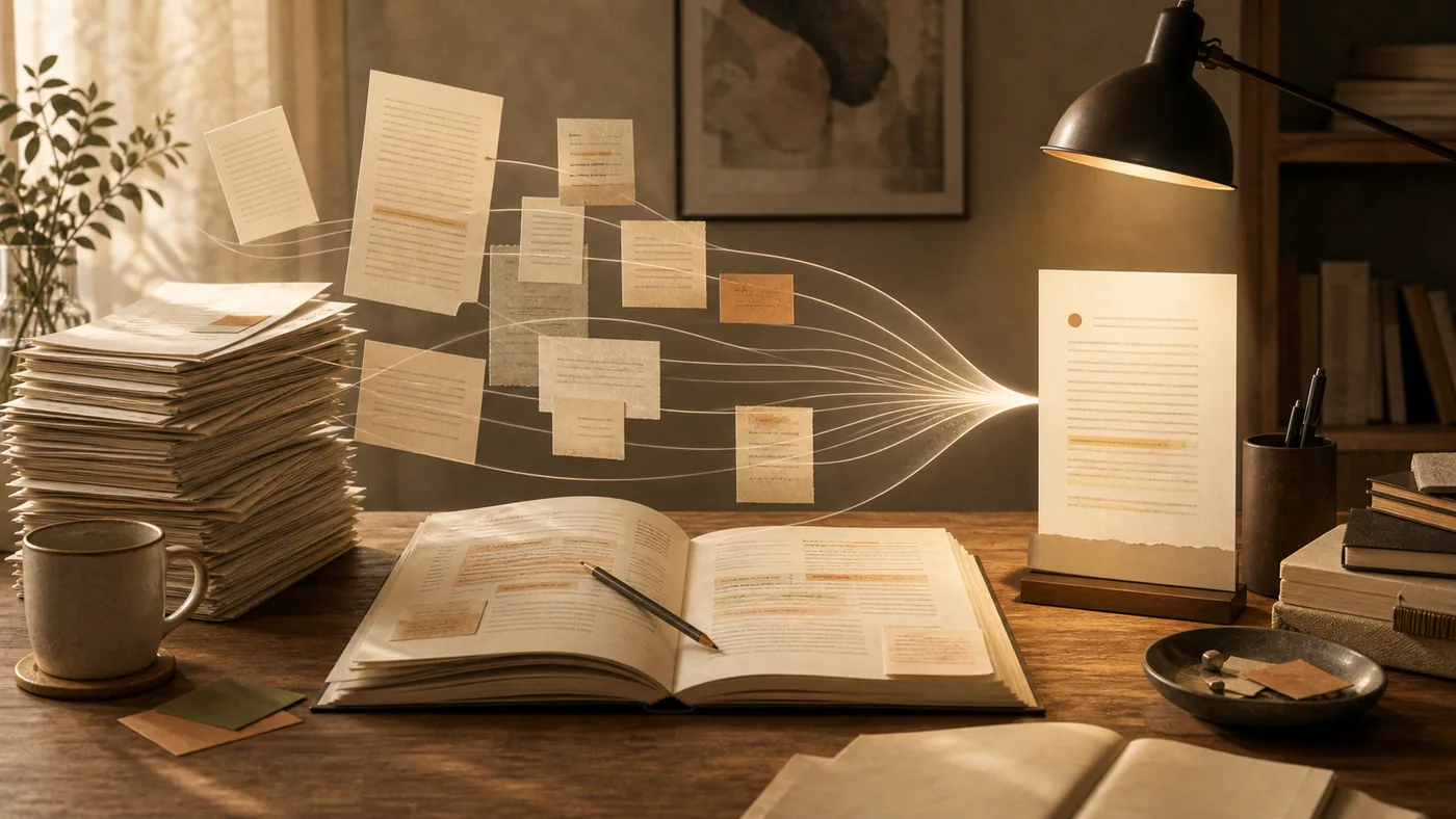 Illustration for Claude: long documents and margin notes distilled into a clear answer