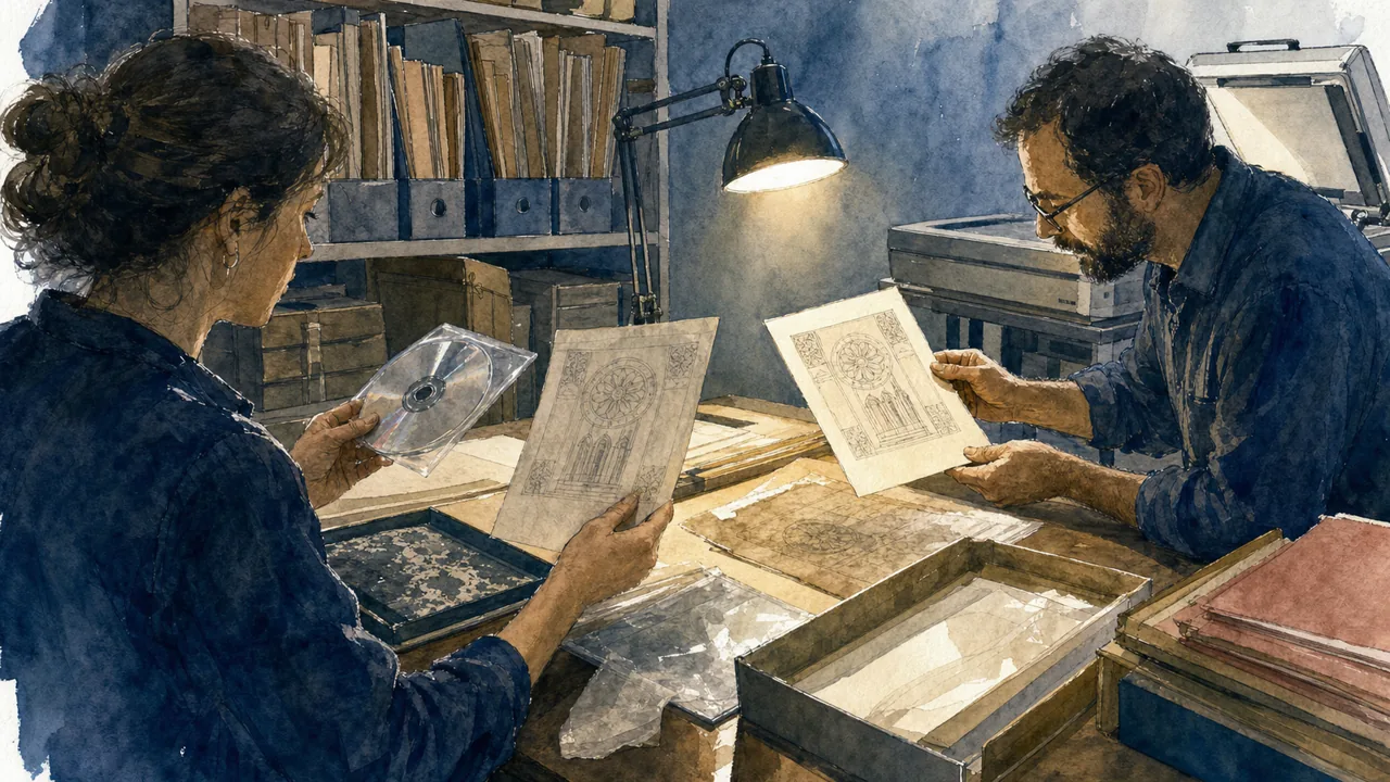 Two people compare an original and converted document print