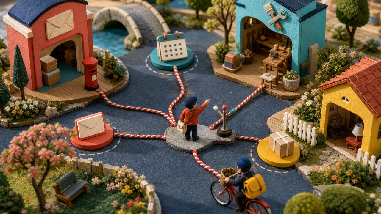 Miniature paths connect a message, appointment, repair, and delivery