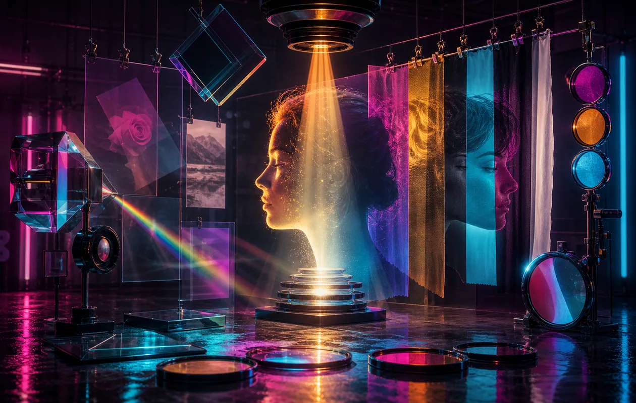 Colour prisms, masks, and light layers shape an image in a neon-lit darkroom